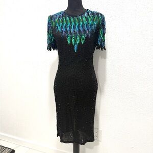 Vintage Stunning Black 100% silk Dress‎ with Green and Blue Sequins 6